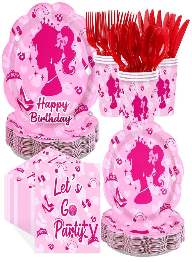 Greencian 168Pcs Pink Girl Party Supplies Hot Pink Birthday Plates and Napkins Pink Princess Decorations Tableware Set for Girl Doll Theme Party Supplies，Serves 24 - Image 1